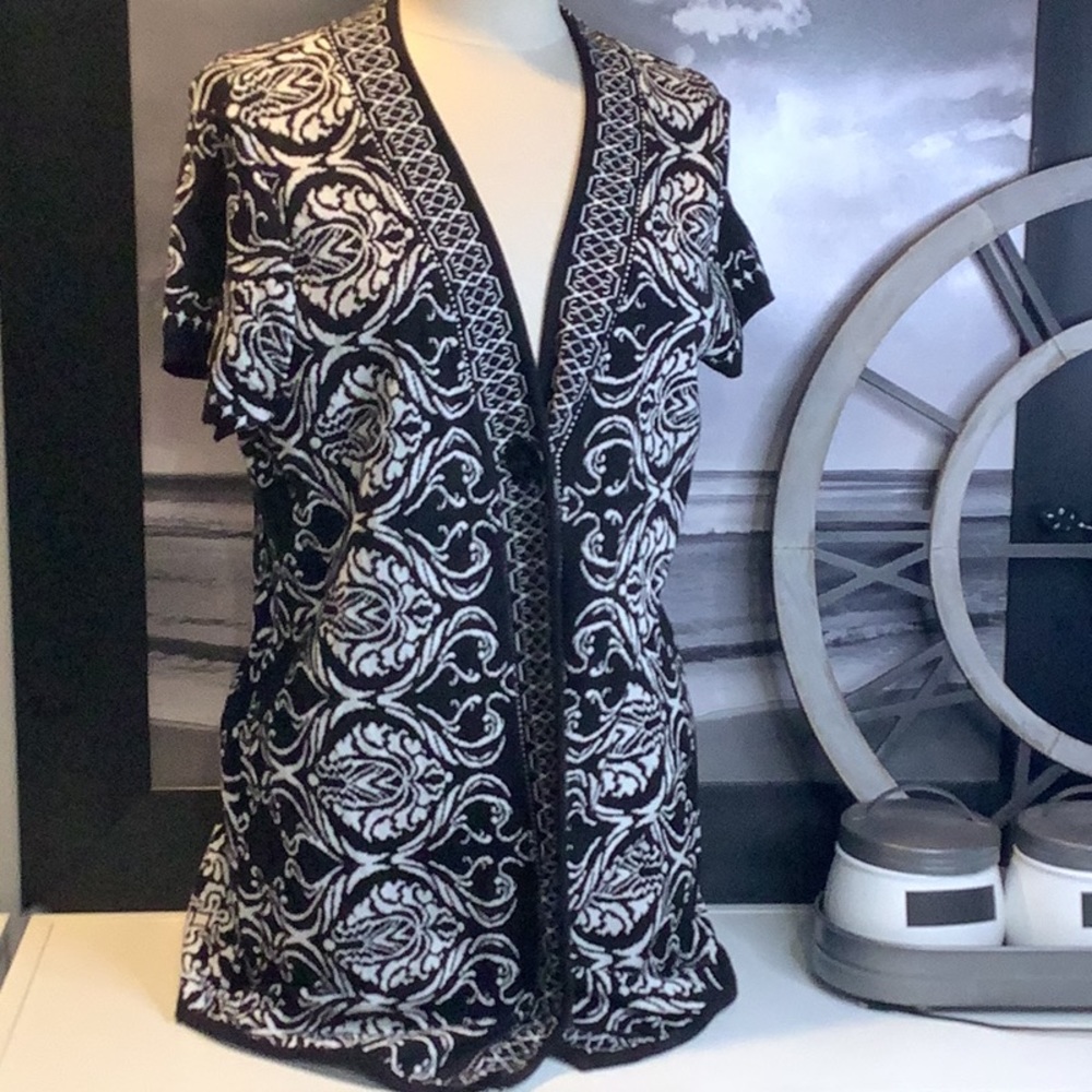 Style & Co Black White Damask Pattern Short Sleeve Sweater Cardigan Vest Sz L - Picture 1 of 11